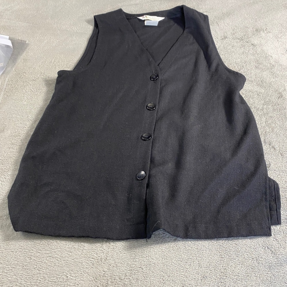 Melrose Petites Vest Womens 8 Black Button Front V-Neck Flax Blend Side Slit USA